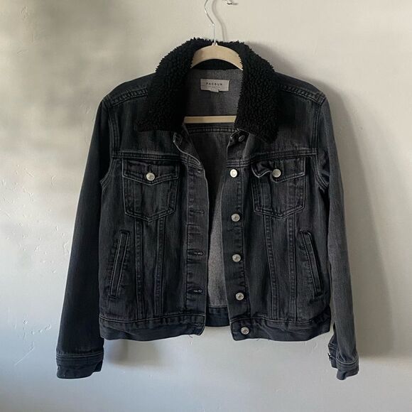 Black Jean Denim Fitted Casual Warm Summer Sherpa Jacket - Picture 2 of 8